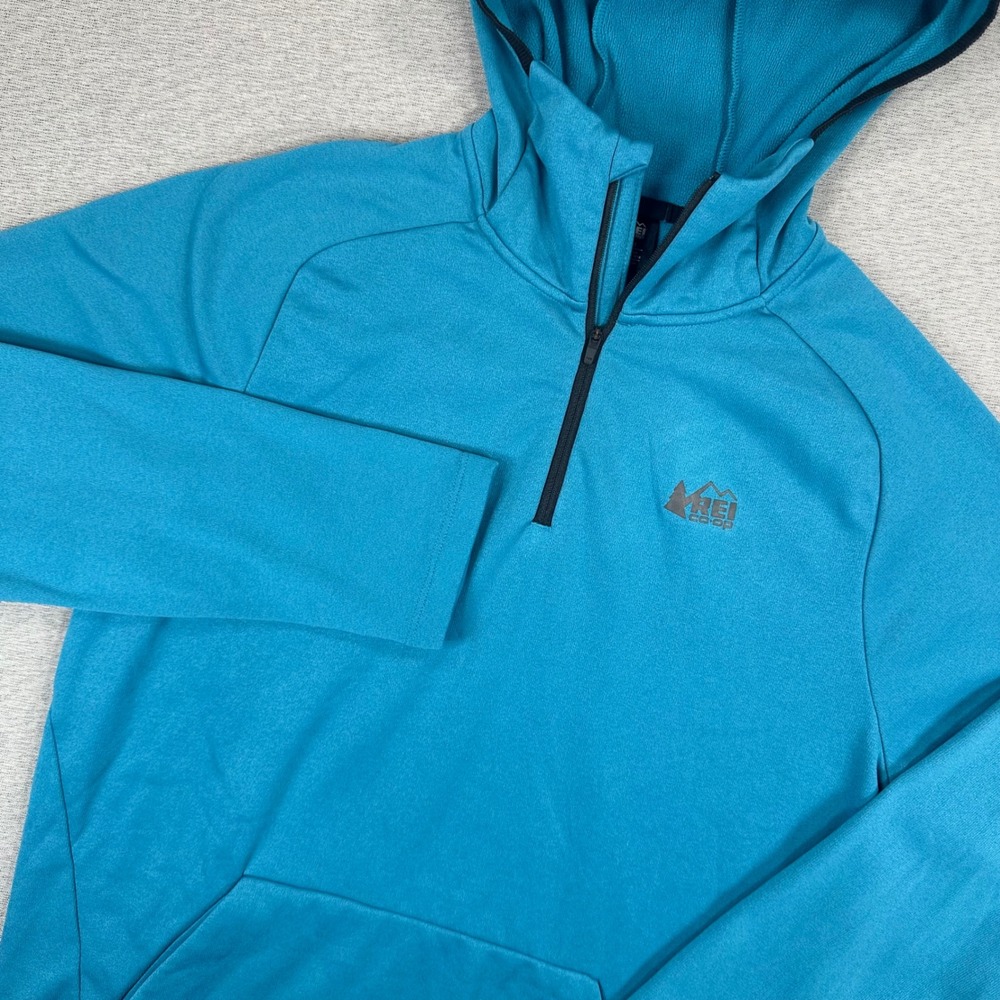 REI Co-op Hoodie Mens Small Teal Blue 1/4 Zip Fleece Pullover Outdoors Thumbhole